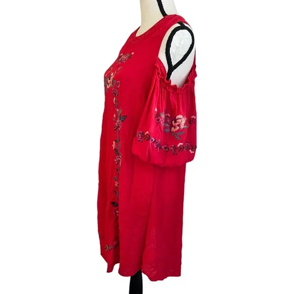 Umgee Dress Women's Size Medium Red Bubble Sleeves Embroidered Boho - Picture 4 of 7